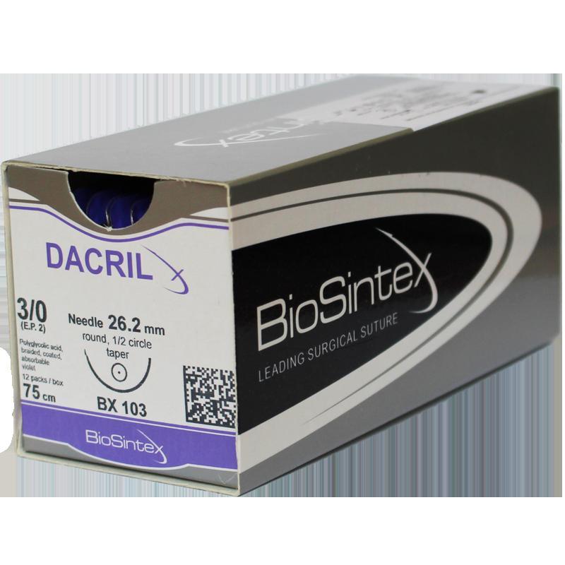 Dacril (BX 1256), Полігліколід, USP 2/0(M 3),90см,колюча голка 30 мм,1/2 кола